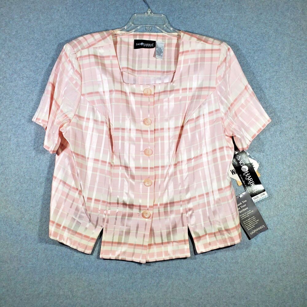 VTG 80s 90s Sag Harbor Pink Plaid Short Sleeve Button Blouse Blazer Size 20W NWT